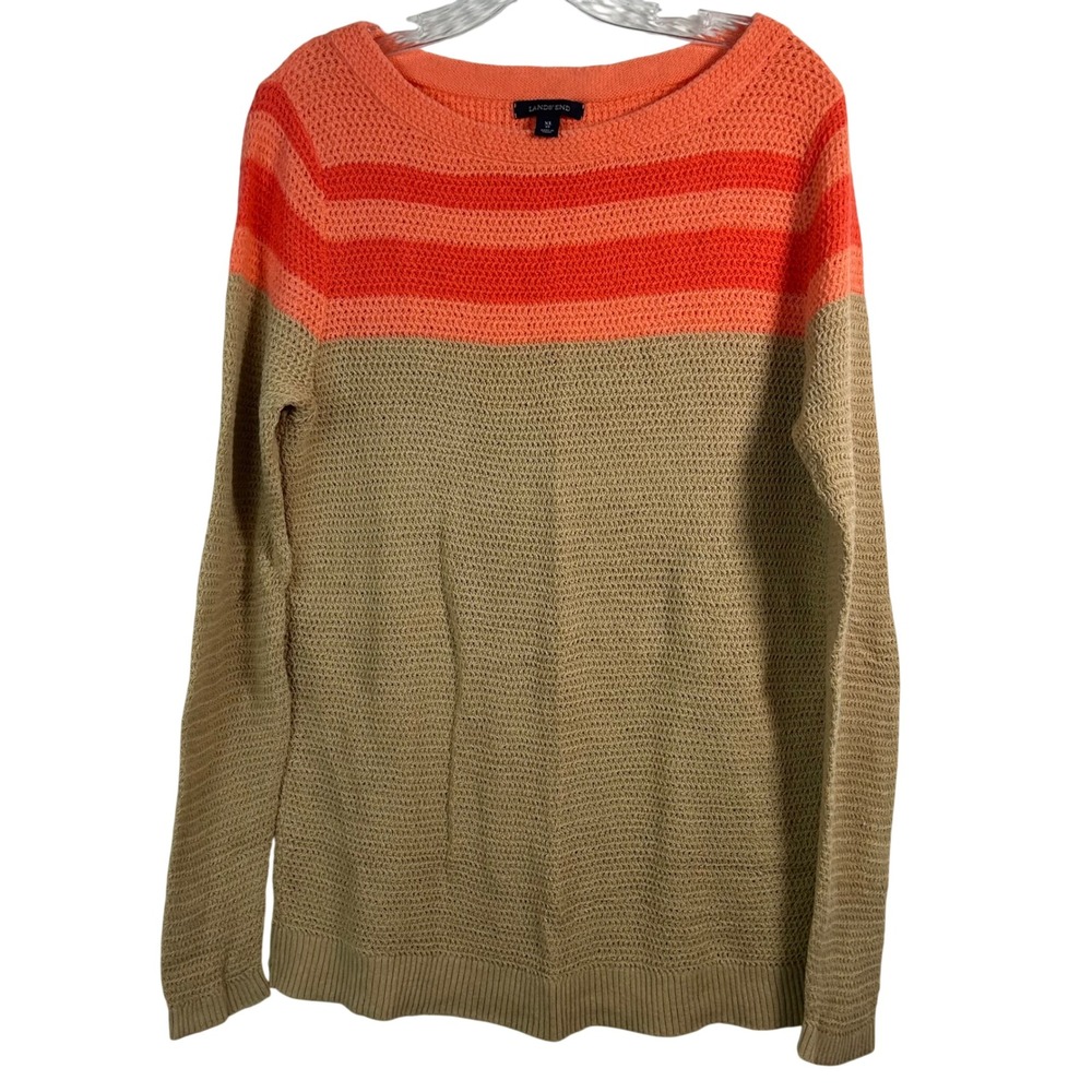 Lands End Womens XL Linen Cotton Striped Colorblock Boat Neck Sweater Orange Tan